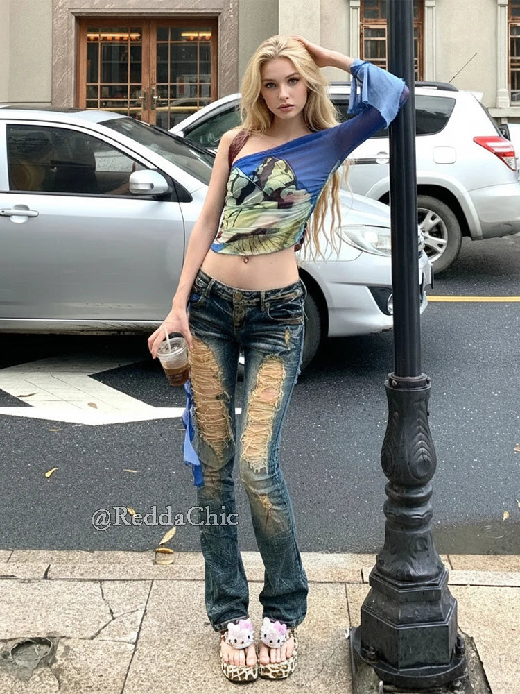 Low Waist Skinny Jeans for Women Vintage Distressed Destroyed Holes Stretchy Denim Boot Cut Pants Y2k Gyaru Streetwear