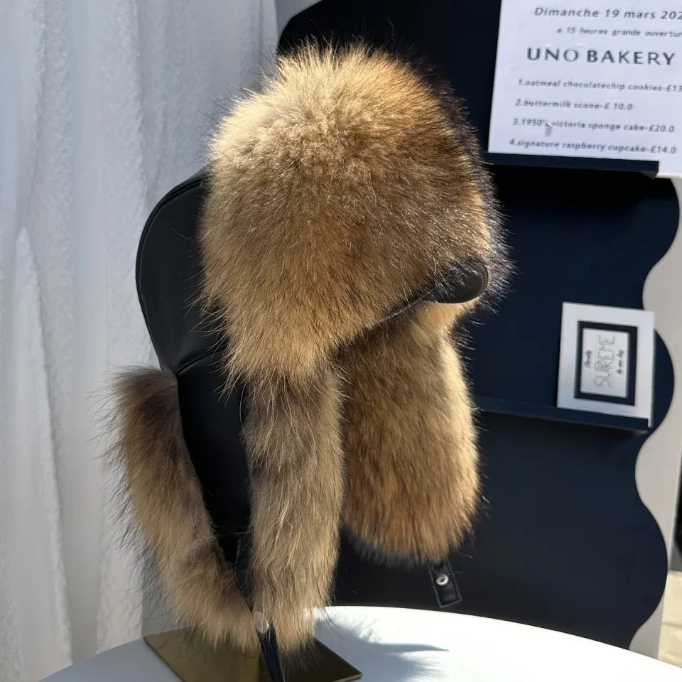100% genuine fox fur ear-protecting hat Men real raccoon fur bomber hat Women winter warm fur real sheep leather snow hat