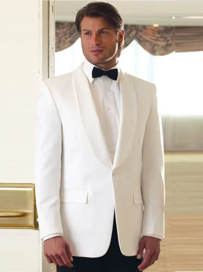 2 Pieces Ivory Men's Groom Tuxedos Shawl Lapel One Button Blazer Black Pants Business Tuxedo Formal Suit for Men Jacket Trousers