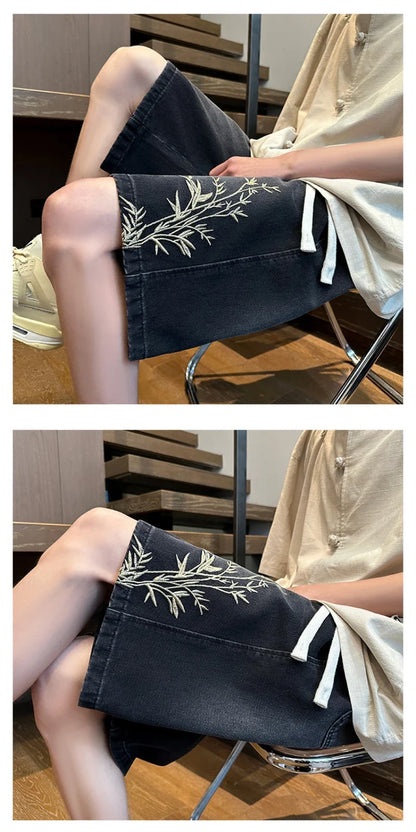 2025 Mens New Chinese Style Denim Shorts Summer Bamboo Embroidery Casual Five Inch Shorts Couple Streetwear Vintage Loose Fit Hi