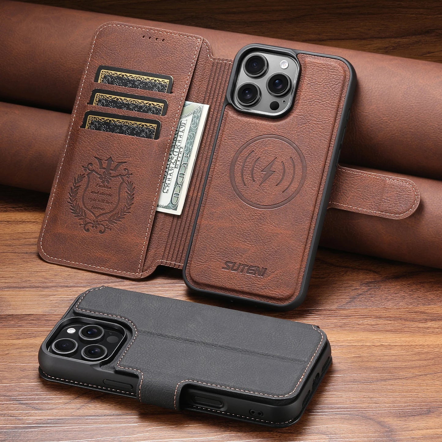 Faux Leather Wireless Charging Card Holder Stand Wallet Magnetic Flip Cover Phone Case For iPhone 17 Pro Max 16 Plus 15 14 13