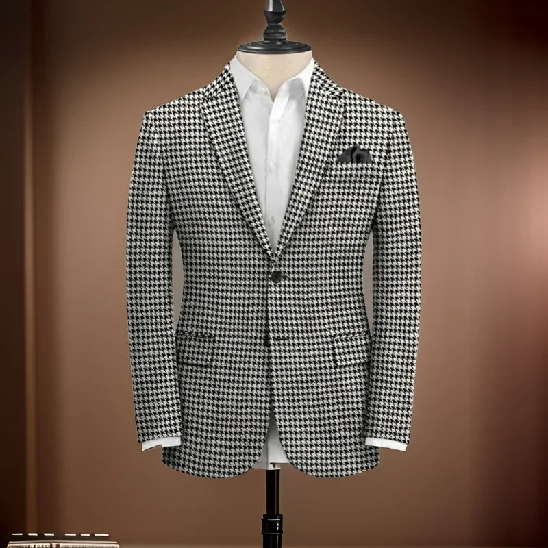 Plaid Business Suit Jacket for Men 1 Piece Notch Lapel Houndstooth Male Blazer 2024 Slim Fit American Style Wedding Suit