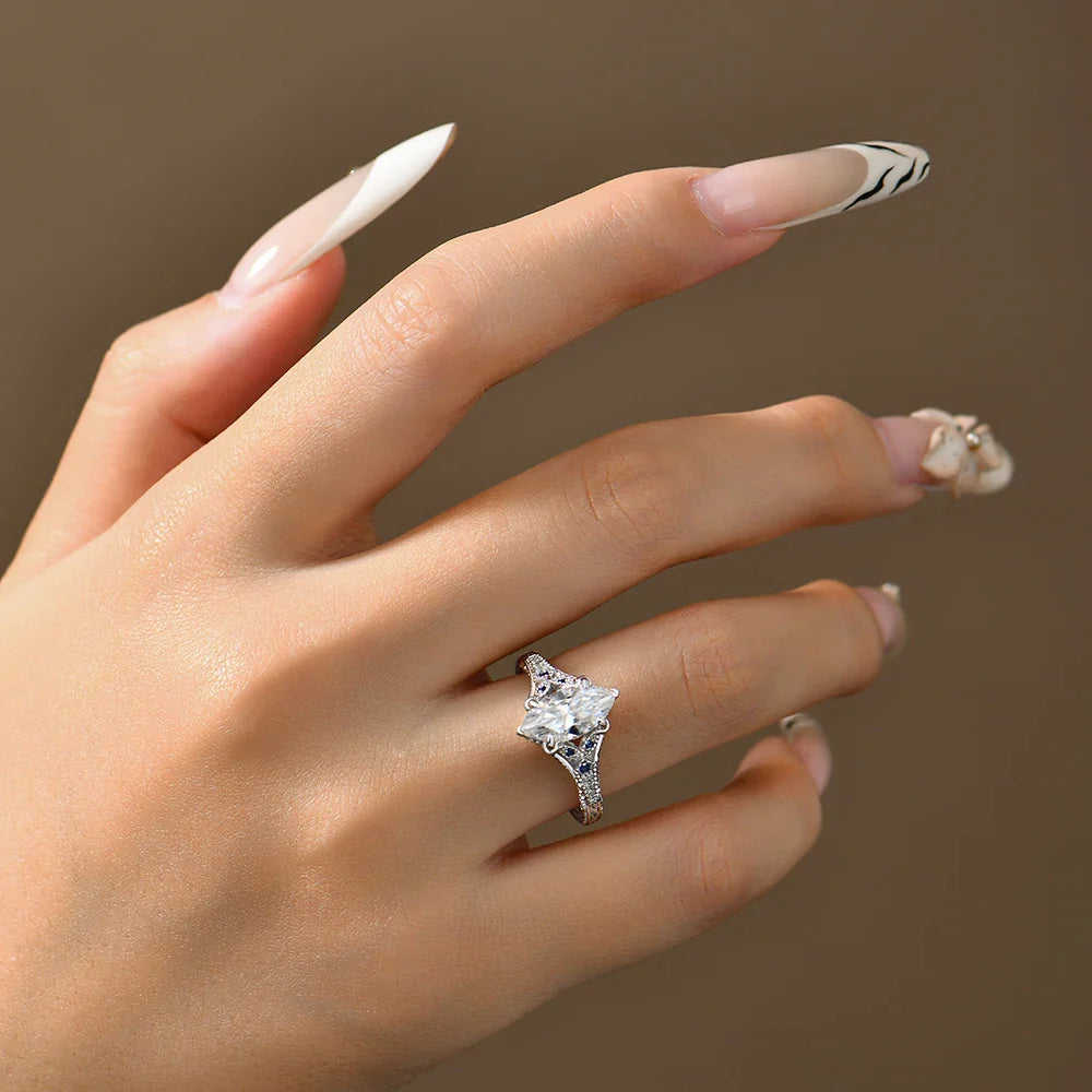 Bague en moissanite ATTAGEMS taille marquise 2 carats avec saphir de laboratoire pour femme en argent sterling 925, bijoux de mariage de luxe personnalisables