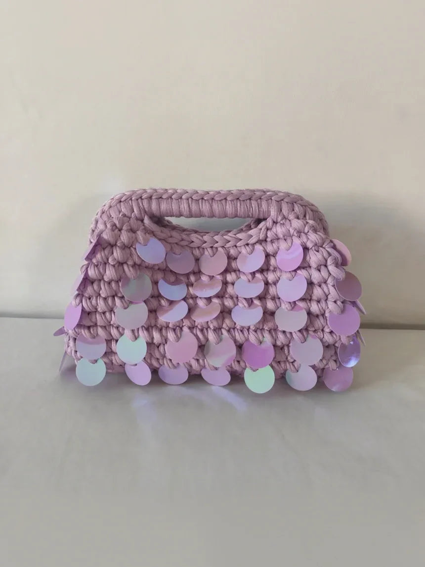 Yingzi Small Sequin Crochet Cluth Bag with Shine Paillettes Handmade Evening Bag Makeup Bag