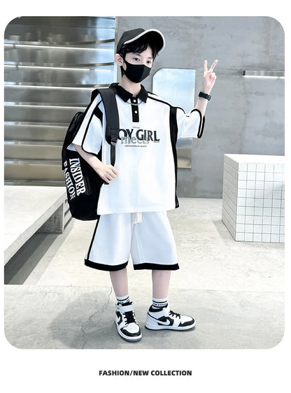 Summer Boys Patchwork Alphabet Preppy T-Shirt Tops+Drawstring Shorts Pant Set School Kids 2PCS Tracksuit Children Outfits 5-16Yr