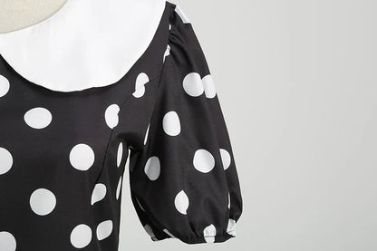 Elegant Women Summer Dress Puff Short Sleeve Polka Dot Peter pan Collar Vintage A-line Midi Long Party Sundress