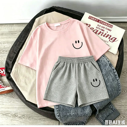 2026 New Summer Smiling Face Print Kids T-shirt Set Short-sleeved Pure Cotton Loose Basic Versatile Cool Simple Kids Outfit Tops