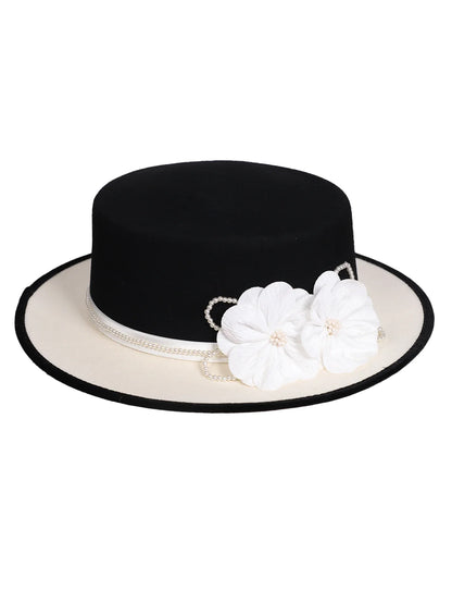 Women's Black/White Flat Top Wool Felt Fedora Hat with Flower Faux Pearl Detail Winter Dress Cap Stylish French Millinery