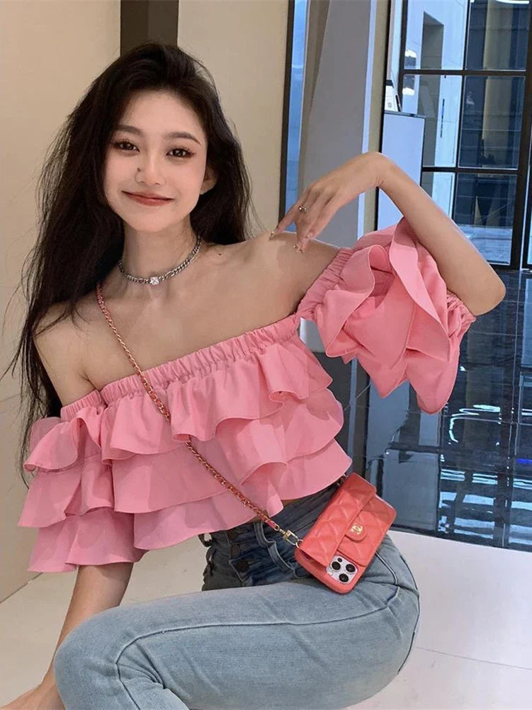 Off Shoulder Fashion Woman Blouse Stacked Ruffles Crop Top Shirt Summer Designer Short Sleeve Chiffon Sexy 2023 New