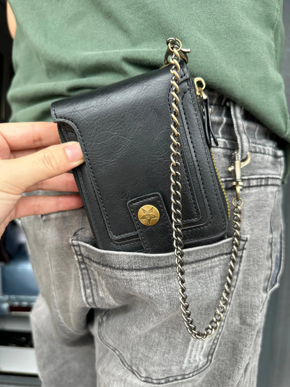 Men's Pu Leather Bi-Fold Wallet with Chain, Multiple Card Slots and Cash Compartment, Secure Snap Closure - Father's Day Gift, Gift for Dad/Husband/Boyfriend, Black Wallet, Travel Accessory, Classic Design, High-Quality Mater