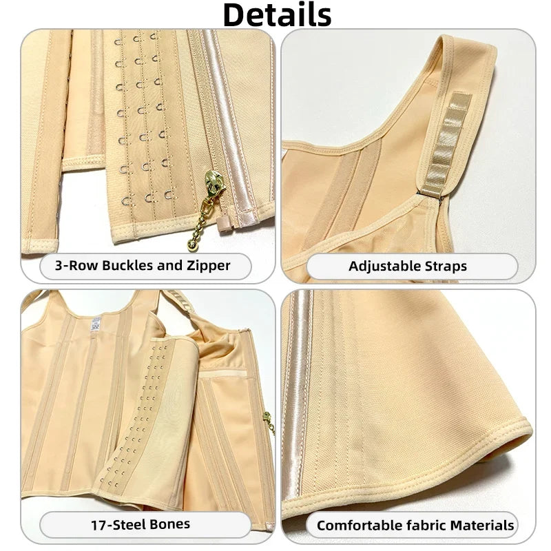 Shapewear Women Fajas Waist Trainer Tummy Control Vest Body Shaper 17 Steel Bones 3-Row Hooks Zipper Adjustable Strap