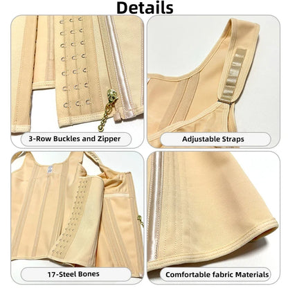 Shapewear Women Fajas Waist Trainer Tummy Control Vest Body Shaper 17 Steel Bones 3-Row Hooks Zipper Adjustable Strap