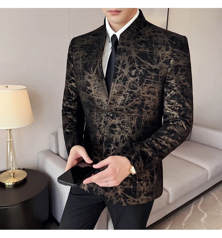 New Chinese Style Stand Up Collar Jacquard Suit Coats Men Slim Business Casual Fashion Suits Jacket Formal Social Party Tuxedos