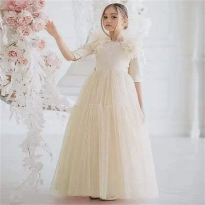 Light Pink Flower Girl Dresses Tulle With Bow Half Sleeve For Wedding Birthday Party Banquet Princess Gowns