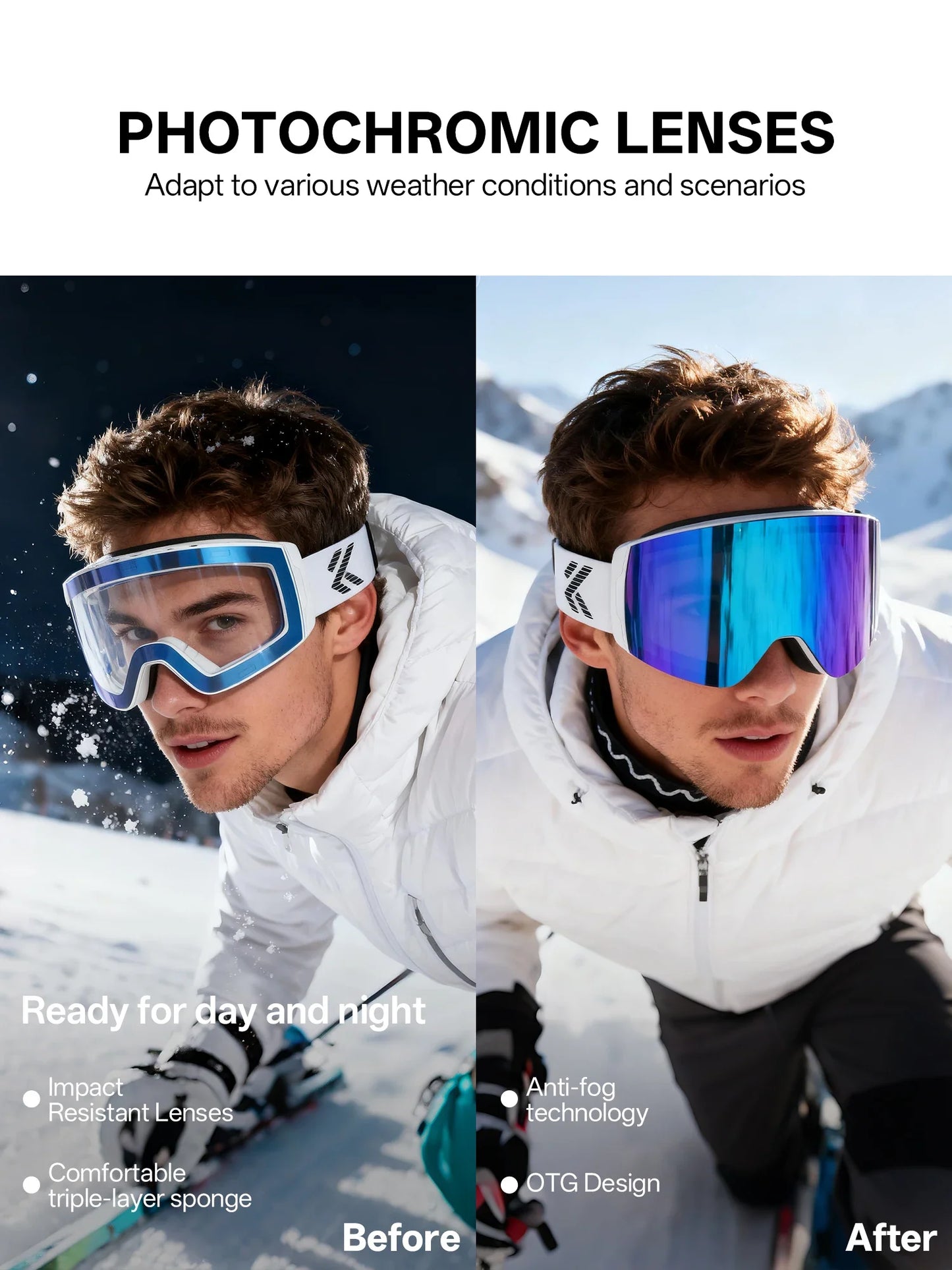 Photochromic Ski Goggles Magnetic Anti-Fog Lenses UV400 Protection Men Women Ski Goggles Snow Sunglasses Sports Eyewear