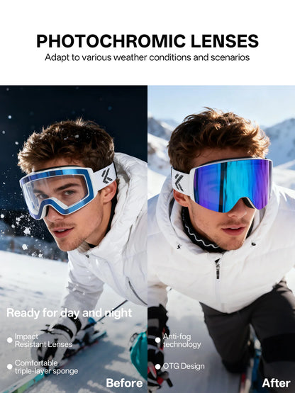 Photochromic Ski Goggles Magnetic Anti-Fog Lenses UV400 Protection Men Women Ski Goggles Snow Sunglasses Sports Eyewear