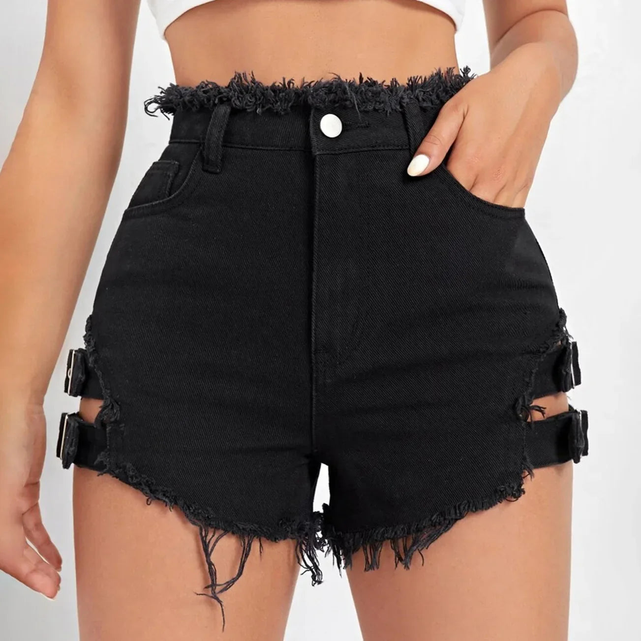 2026 Summer Hot High Waisted Street Style Girls' Ripped Denim Shorts with Rough Edges