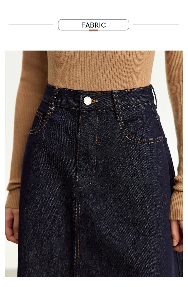 Minimalist Women Denim Skirt 2025 Autumn New French Retro Loose Basics Casual A-line Office Lady Cotton Midi Skirt 12343070