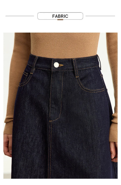 Minimalist Women Denim Skirt 2025 Autumn New French Retro Loose Basics Casual A-line Office Lady Cotton Midi Skirt 12343070