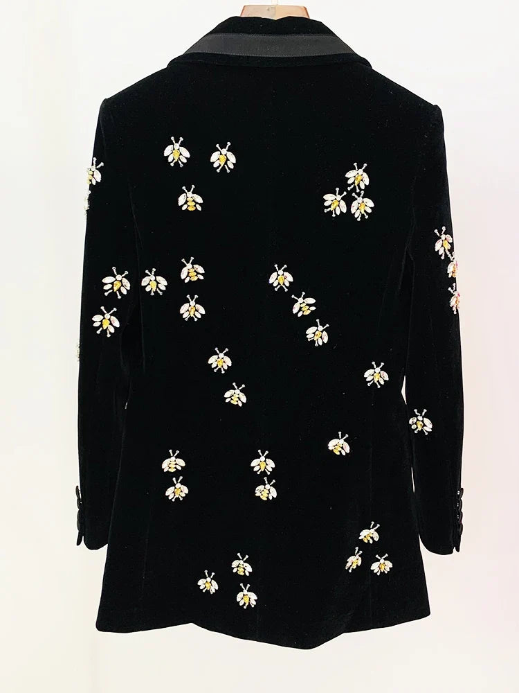 HIGH STREET Newest 2026 F/W Designer Jacket Women's Single Button Stunning Rhinestone Diamonds Beaded Bee Velvet Long Blazer