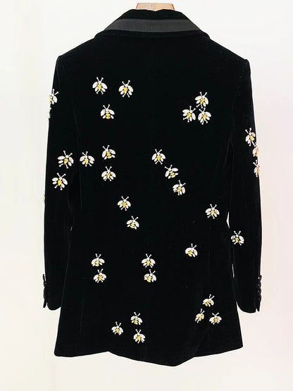 HIGH STREET Newest 2026 F/W Designer Jacket Women's Single Button Stunning Rhinestone Diamonds Beaded Bee Velvet Long Blazer