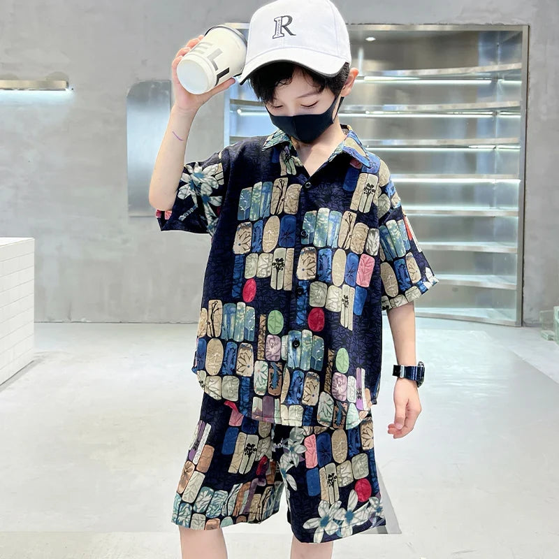 New Summer Kids Beach Clothes Set 2 Pieces Set for Boys Casual Shirt Short 2PCS Clothing Set Children Cool Vacation Outfit Suit