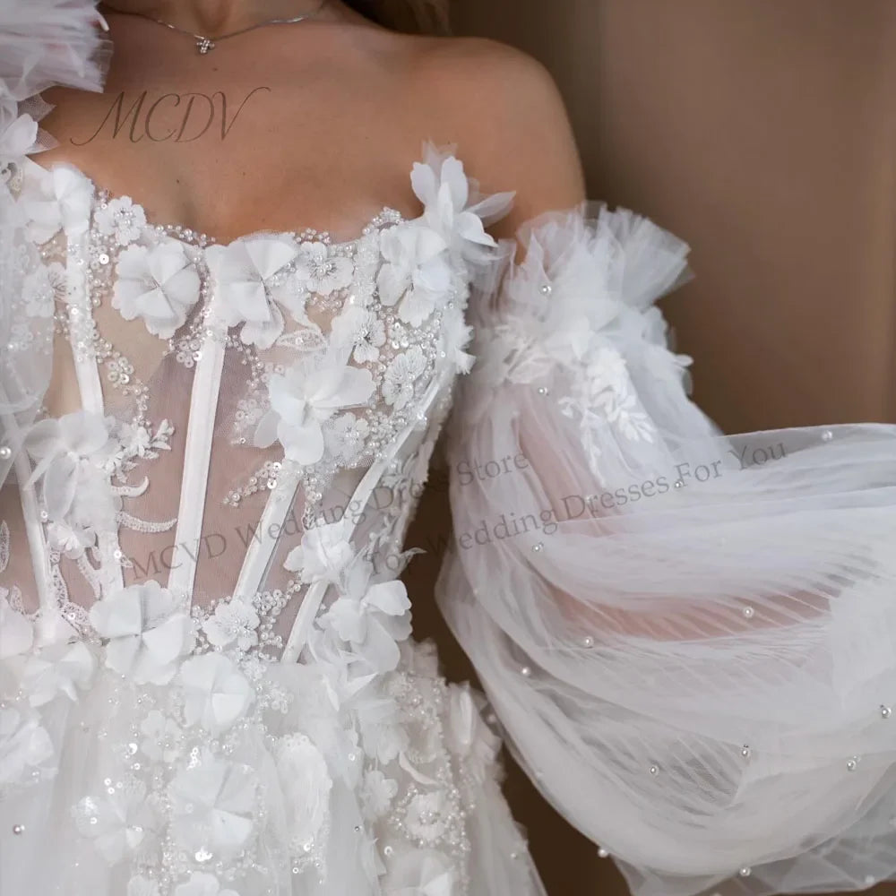 Customized Boat Neckline With 3D Flowers Long Puff Sleeves Tulle A-Line Mini Wedding Dress Elegant Lace-up Back Gown For Bride