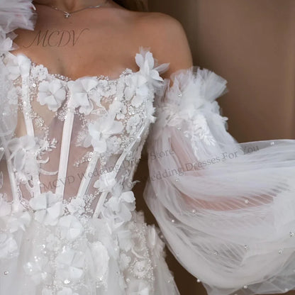 Customized Boat Neckline With 3D Flowers Long Puff Sleeves Tulle A-Line Mini Wedding Dress Elegant Lace-up Back Gown For Bride