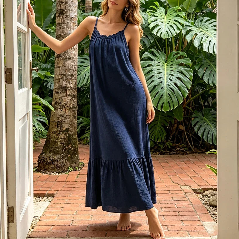 Vintage Muslin 100% Cotton Gauze Summer Dress Women Loose Sexy Sleeveless Ruched Long Maxi Desses Chic Vestidos