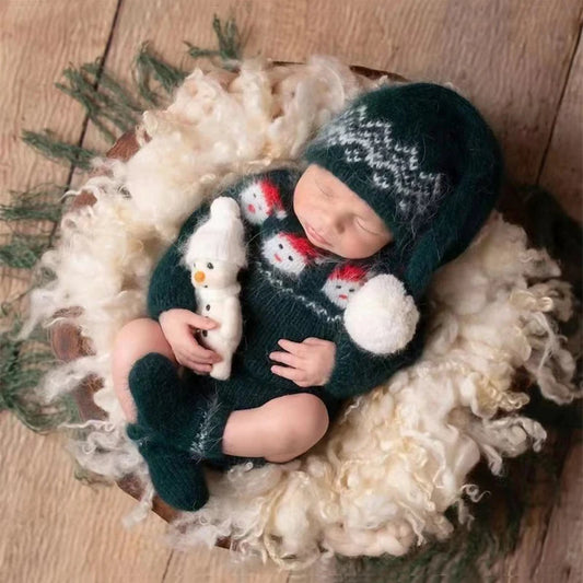Christmas Baby Clothing Newborn Boy Girl Photography Santa Claus Costumes Sets Green Knitted Romper Stockings Hat 3pcs for Xmas