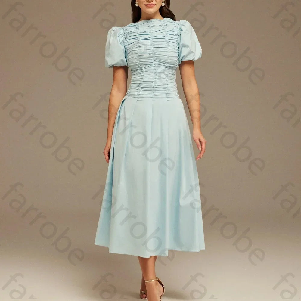 Customize Draped Top Short Sleeve Midi Dress A-Line Evening Dresses Formal Exquisite High Quality Prom Party Gowns for Women