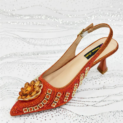 Wome High Heel for Lady 2025 Luxury Designer Orange Color Full Diamond Pointed Toe Wedding Shoe and Bag Set for Party