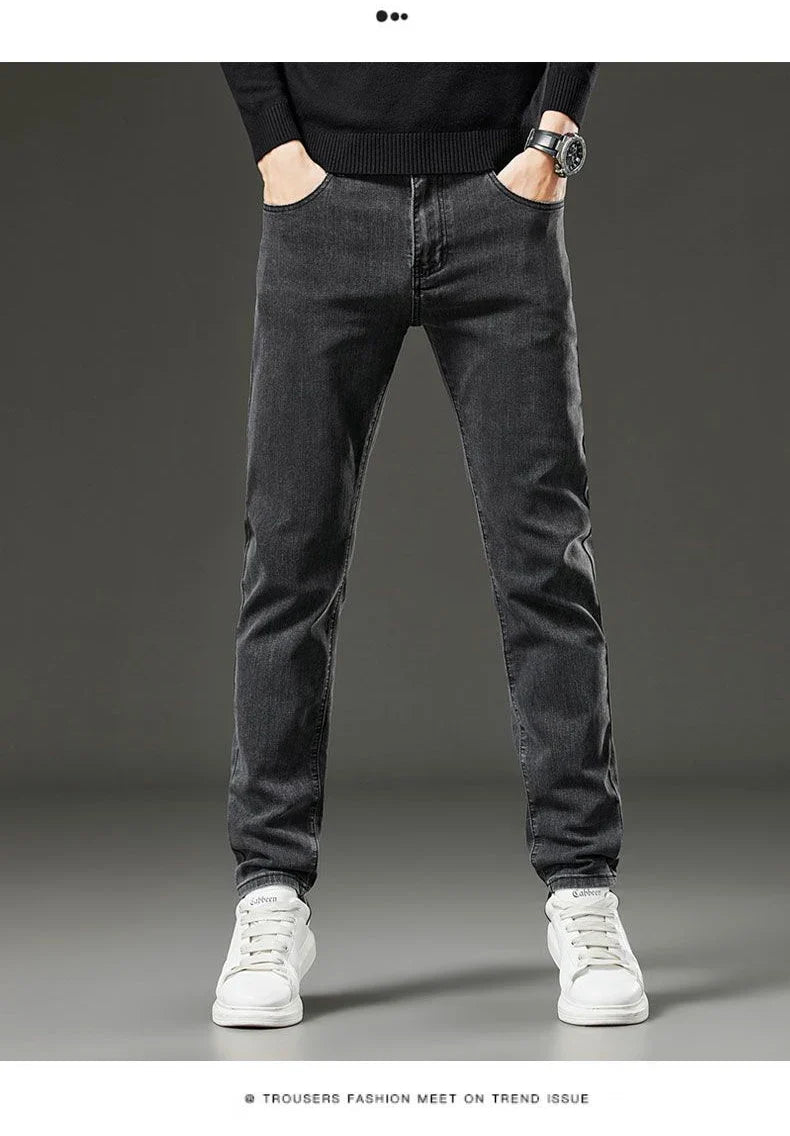 Men's autumn and winter hot jeans elastic small straight leg pants black gray micro elastic zipper fashionable versatile jeans