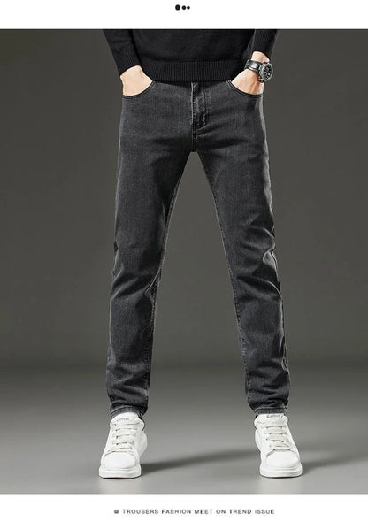 Men's autumn and winter hot jeans elastic small straight leg pants black gray micro elastic zipper fashionable versatile jeans