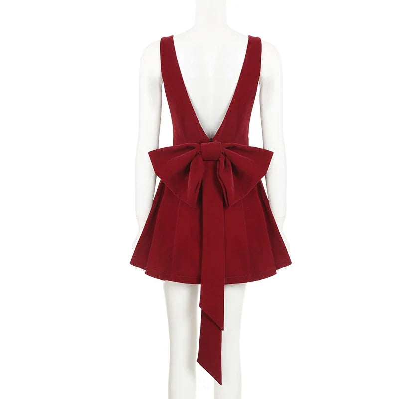 Fashion Red Bowknot Mini Dress Straps Square Collar Sleeveless Backless Vintage Cute Ladies Slim Party Short A-line Dresses