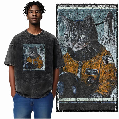 Cat Printed Cotton Acid Washed Exclusive Graphic Unisex T Shirt Cool Streetwear Men Tshirts Big Size Tee for Men