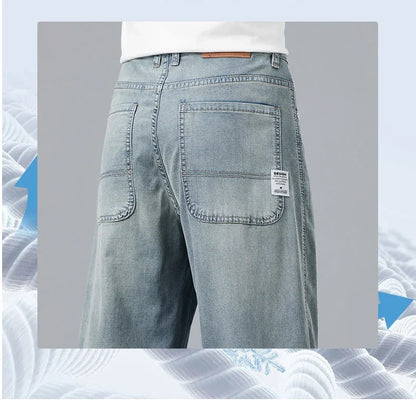 Summer Ultra-thin Lyocell Men's Jeans Drape Soft Fabric Loose Straight Casual Denim Pants Elastic Ice Silk Male Trousers