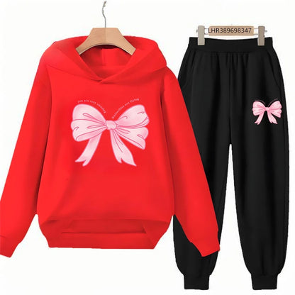 Fashion Kids Clothes Bow Print Children Hoodie 3-12 Years Boys Girls Red Pink Casual Tops+Pants Sets Long Sleeves Autumn