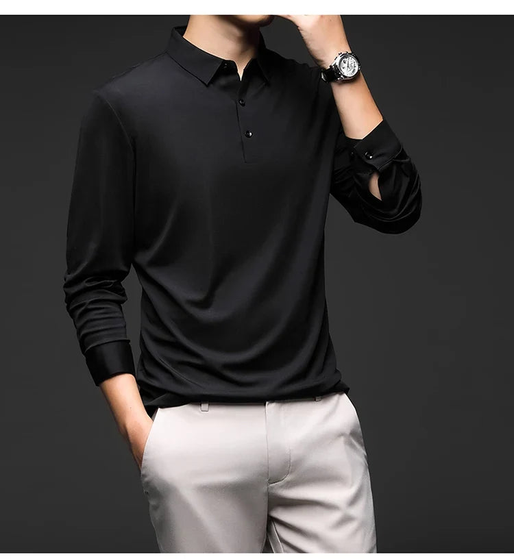 Mulberry Silk Men's Polo Shirts Luxury Long Sleeve Solid Color Golf Male T-shirts Spring Autumn Business Casual Man Tees