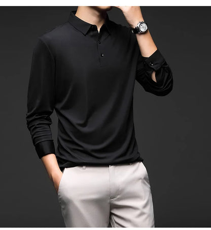 Mulberry Silk Men's Polo Shirts Luxury Long Sleeve Solid Color Golf Male T-shirts Spring Autumn Business Casual Man Tees