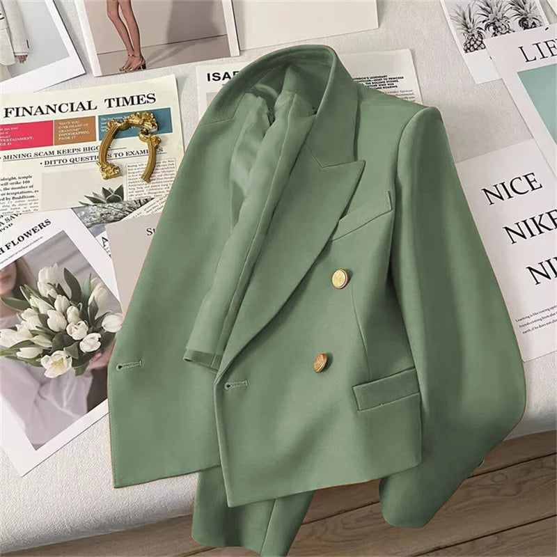 High-Quality Double Breasted Crop Blazer Women Korean Solid Long Sleeve Suit Coat Office Ladies Elegant Short Jacket Female Coat