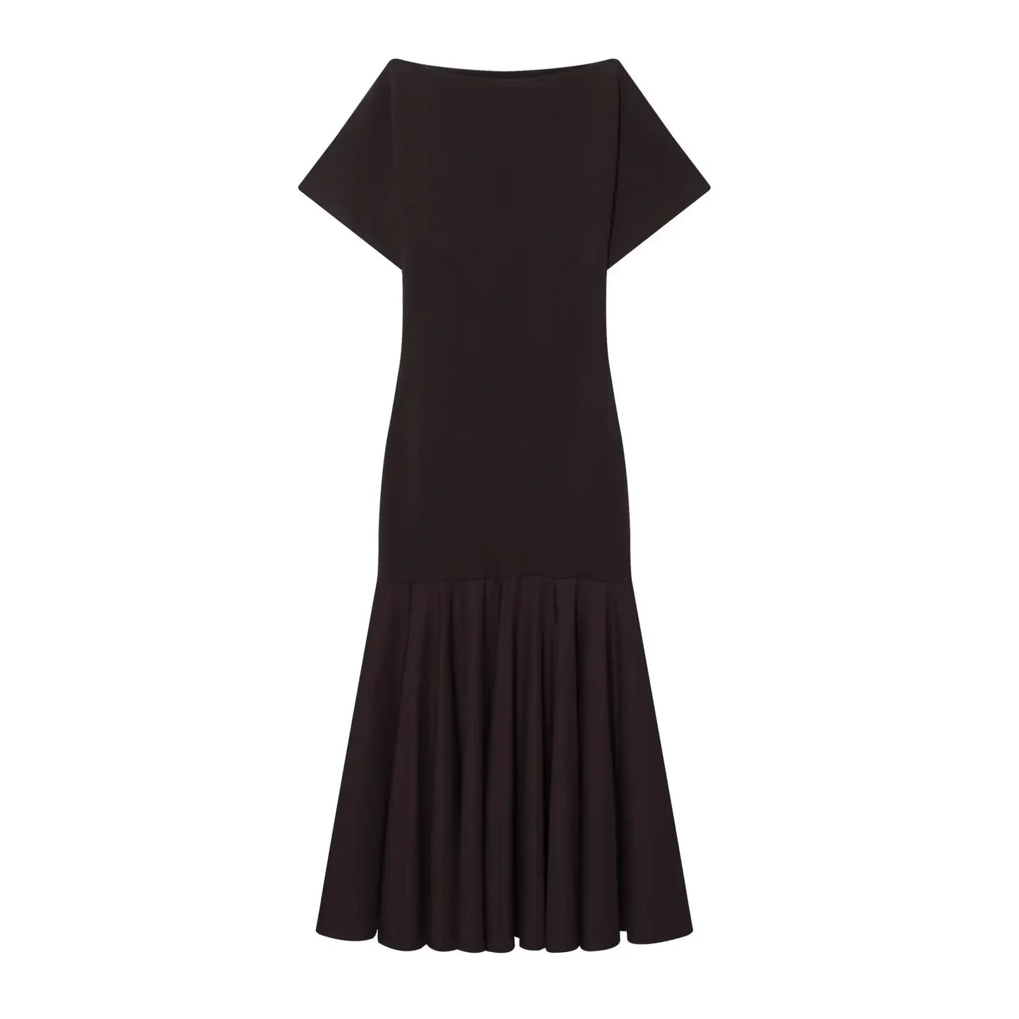 2026 Women Summer Fashion Solid Midi Dress Side Zipper Pleated Woman Ship-type Short Sleeved Stitching Holiday Party Dress
