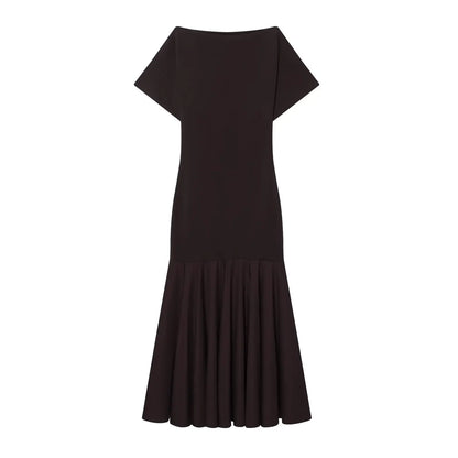 2026 Women Summer Fashion Solid Midi Dress Side Zipper Pleated Woman Ship-type Short Sleeved Stitching Holiday Party Dress