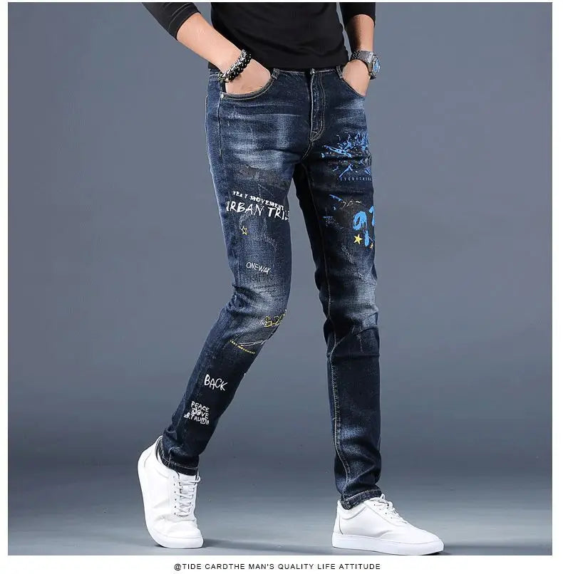 Harajuku Fashion Men's High-end Embroidered Jeans Korean Style Prints Patches Slim Fit Casual Spring Autumn Cowboy Trousers