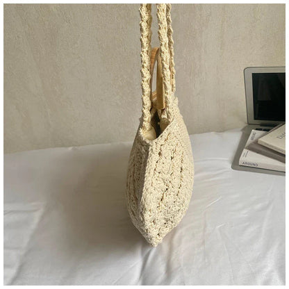 2026 New Retro Fan-shaped Crochet Woven Underarm Bag for Women Ins Style Seaside Vacation Versatile Wooden Handle Shoulder Bag