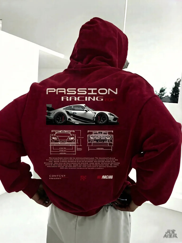 2025 Popular Digital Pattern Men's Hooded Sweatshirt Car-Themed Design American-Style Casual Sports Long-Sleeved Shirt