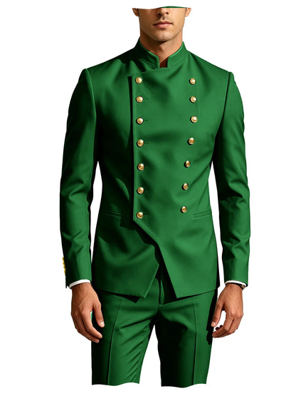 Men's Double Breasted Stand Collor Suit 2 Pieces Blazer Pants Set Slim Fit Business Casual Suit Jacket Formal Wedding Tuxedo