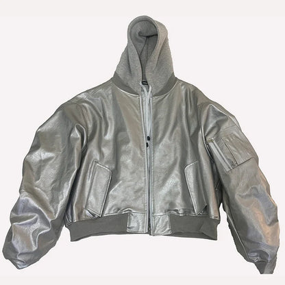 Autumn Winter Cool Handsome Oversized Brown Thickened Warm Leather Jacket Men with Hood Fake 2 Piece European Clothes