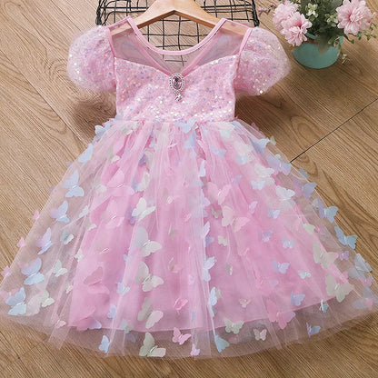 Baby Girls Butterfly Wings Fairy Gauze Princess Puff Sleeve Dress Lovely Kids Summer Tulle Dress Child Birthday Party Gown Dress