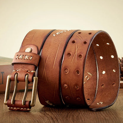 3.8CM Real Genuine Leather Belt Luxury Designer Brass Double Pin Buckle Belts Pure Cowskin Vintage Strap Male Jeans Belt for Men